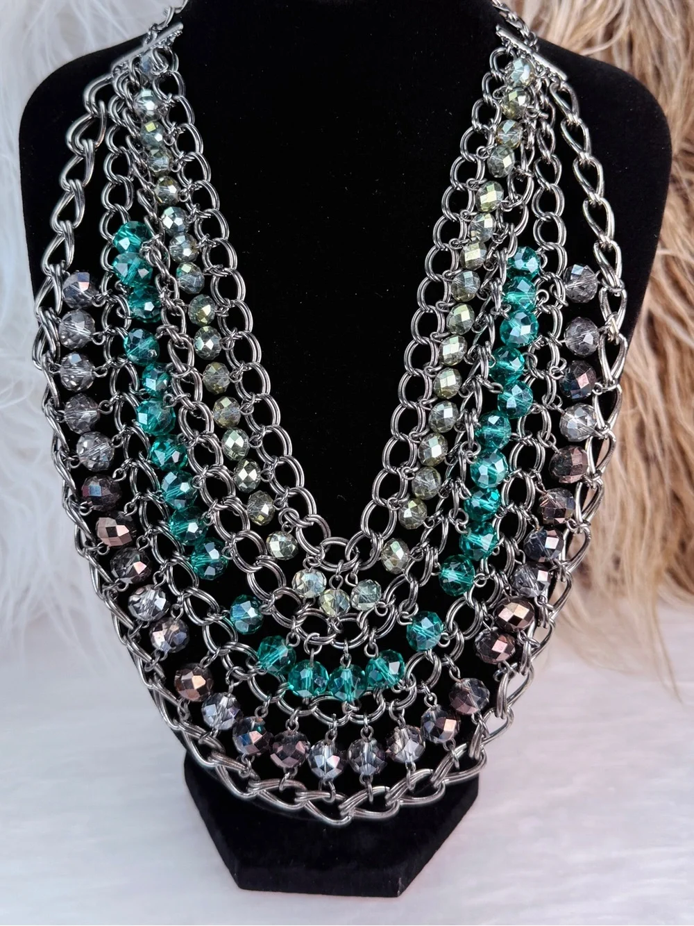 Multi Strand Dark Silver Tone Chain Teal Faceted Bead Bib Statement Necklace